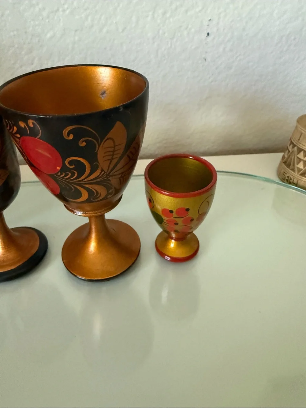 Russian Lacquer Hand-Painted Decorative Wooden Cups Set - 5 Vtg